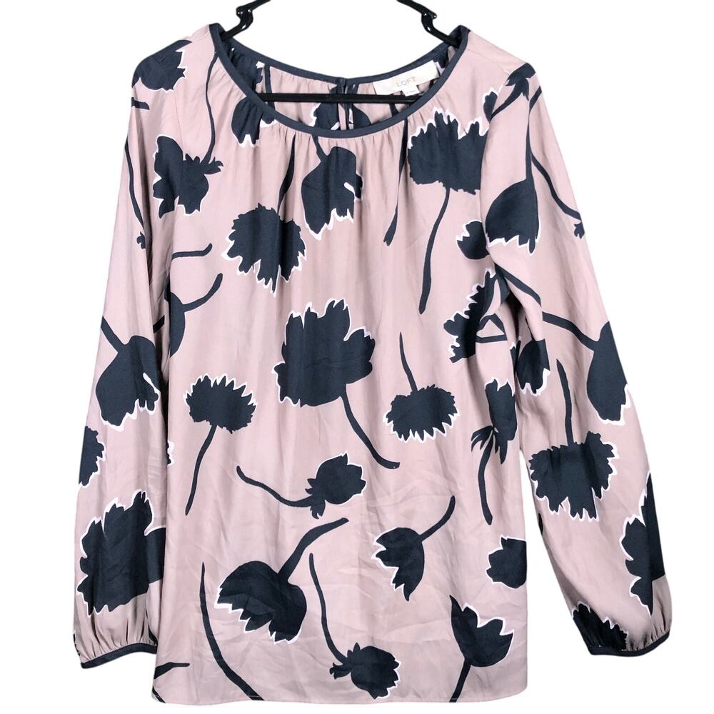 LOFT Womens Blouse Brown Black Floral Crew Neck Long Sleeve Medium